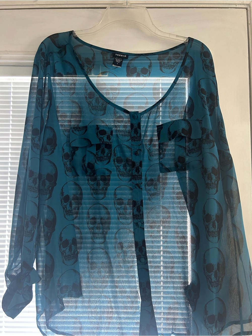 torrid Teal Sheer Skull Print Button-Up Blouse